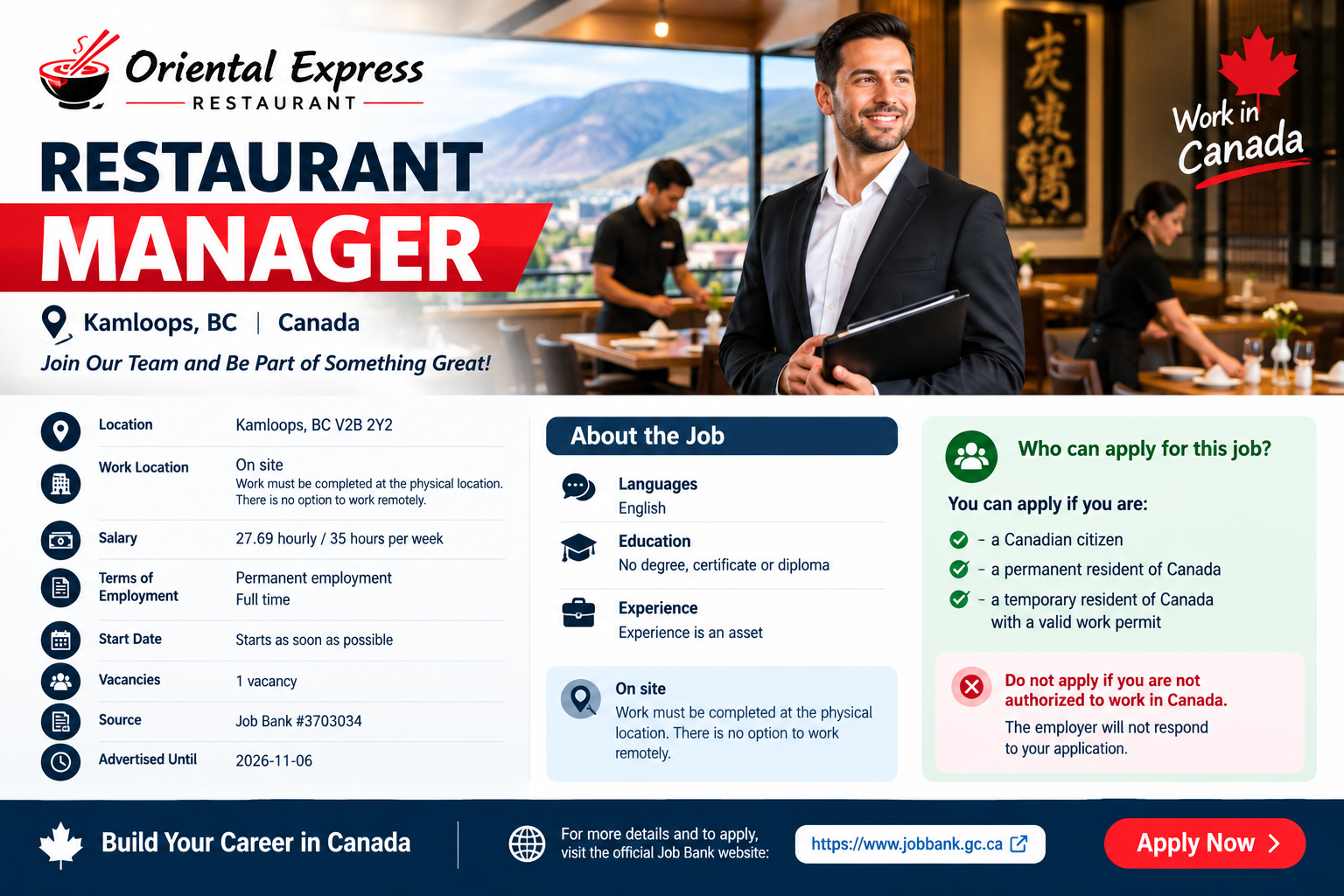 Restaurant Manager Job in Kamloops, BC, Canada